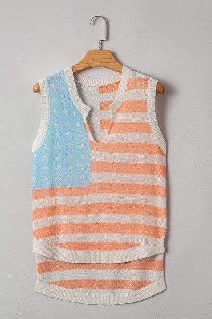 USA Flag Notch Neck Sleeveless Sweater Top - Bitsy Gypsy Boutique