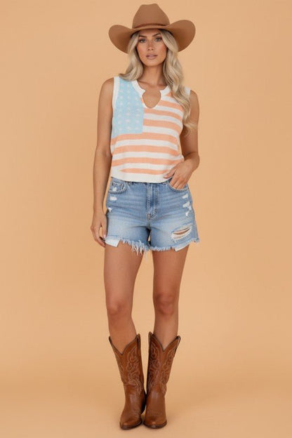 USA Flag Notch Neck Sleeveless Sweater Top - Bitsy Gypsy Boutique