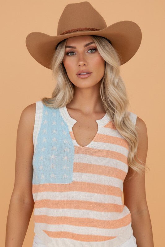 USA Flag Notch Neck Sleeveless Sweater Top - Bitsy Gypsy Boutique