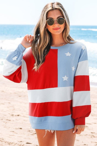 USA Flag Patchwork Oversize Sweatshirt - Bitsy Gypsy Boutique