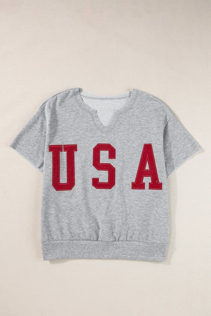 USA Patch Lettering Notch Neck Short Sleeve Tee - Bitsy Gypsy Boutique