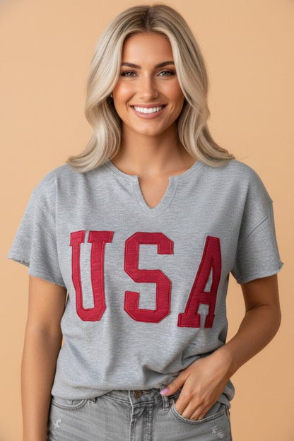 USA Patch Lettering Notch Neck Short Sleeve Tee - Bitsy Gypsy Boutique