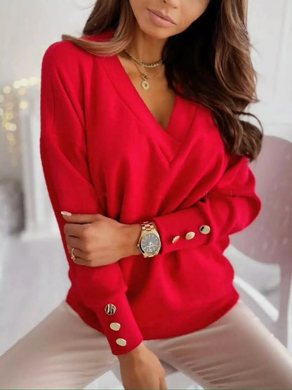 V-Neck Button Cuff Top by Trendsi