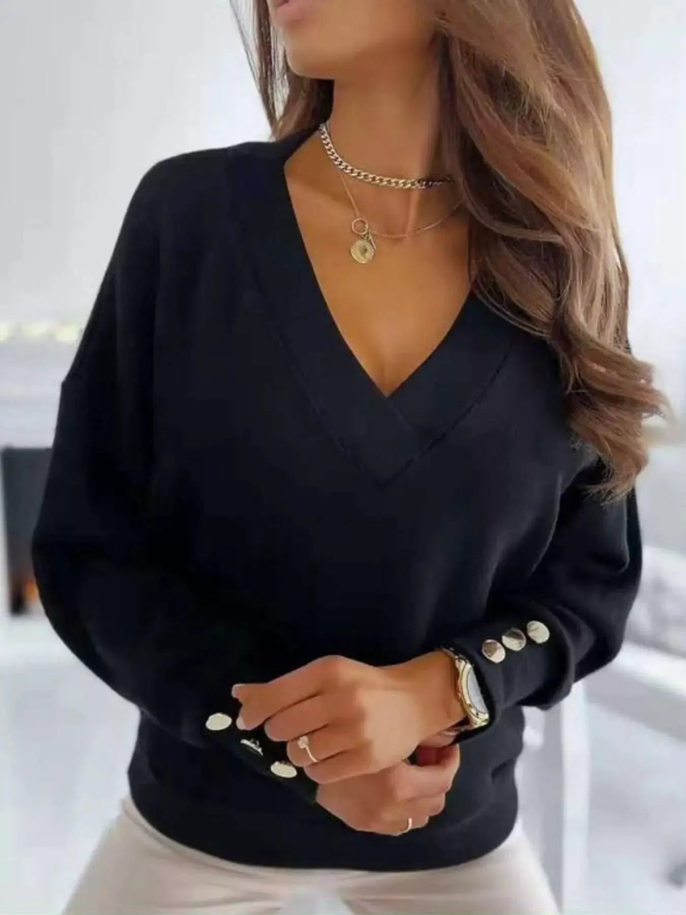 V-Neck Button Cuff Top by Trendsi
