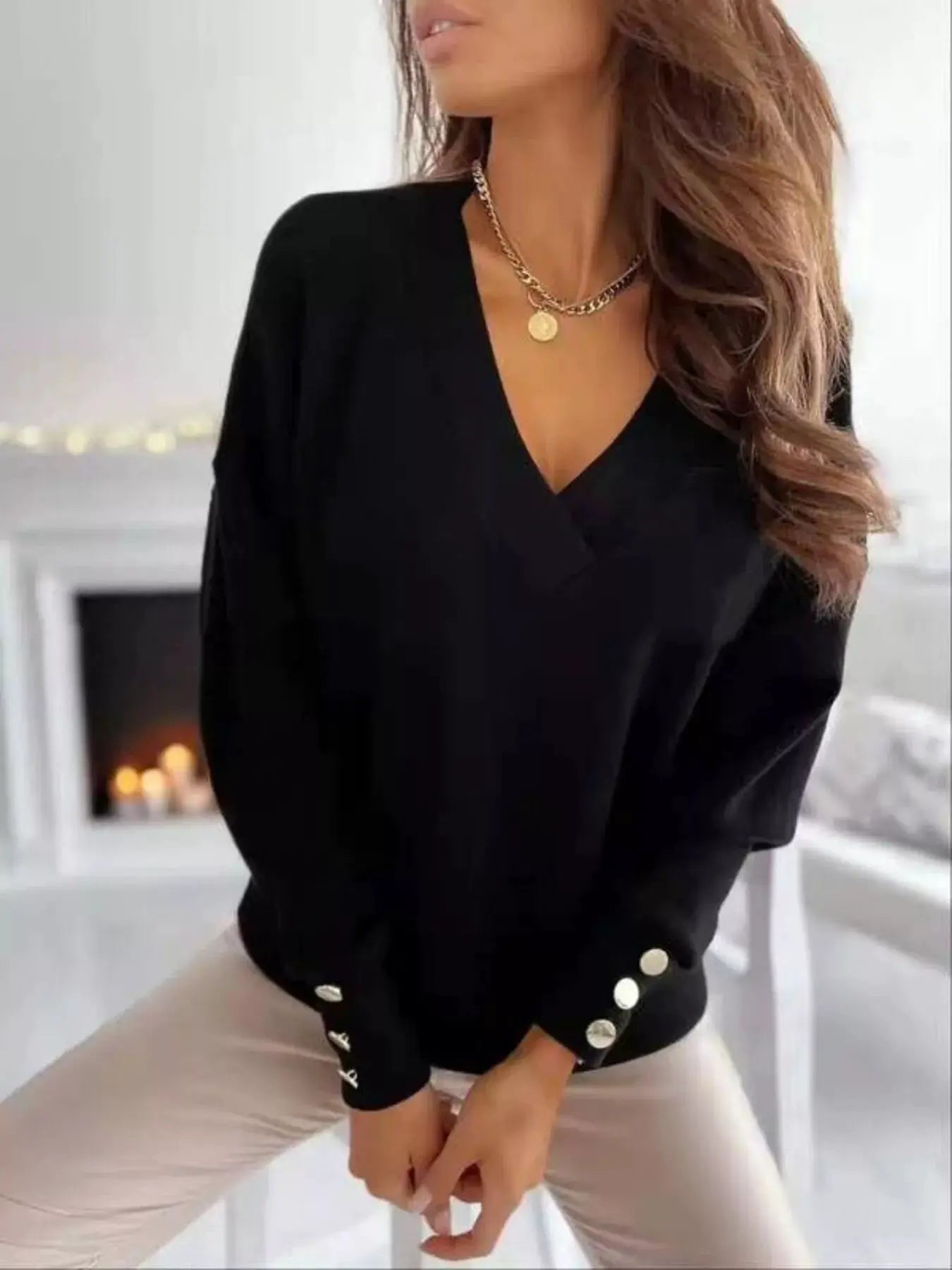 V-Neck Button Cuff Top by Trendsi