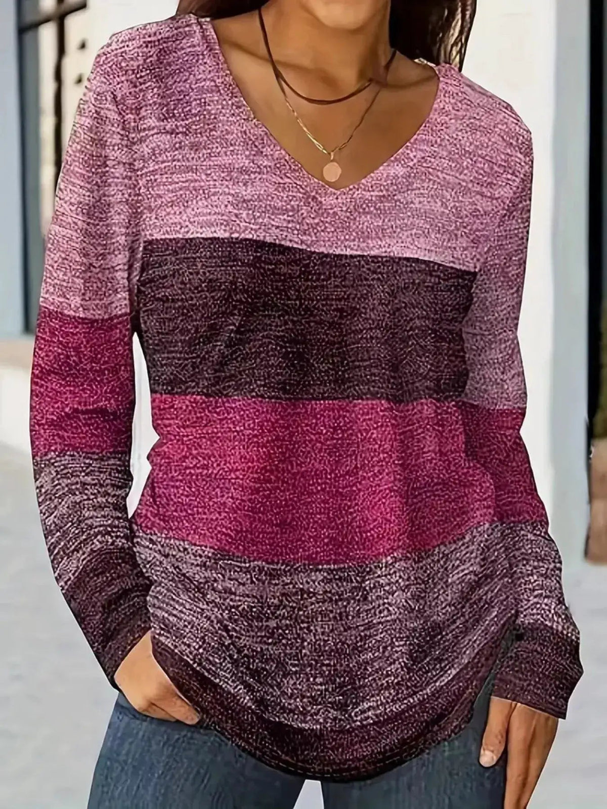 V-Neck Color Block Long Sleeve Casual T-Shirt - Bitsy Gypsy Boutique