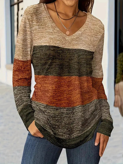 V-Neck Color Block Long Sleeve Casual T-Shirt - Bitsy Gypsy Boutique
