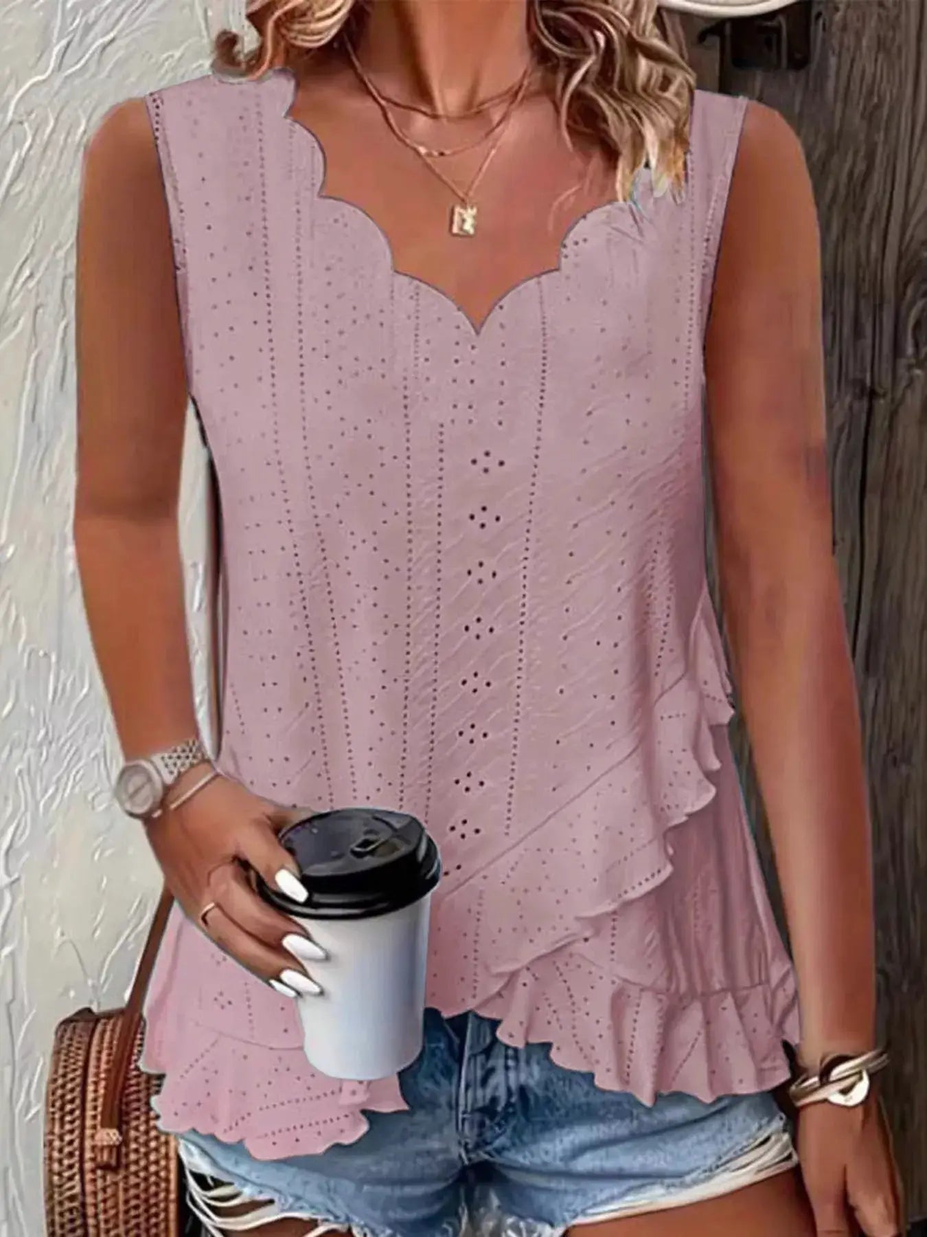 V-Neck Eyelet Ruffled Tank Top by Trendsi