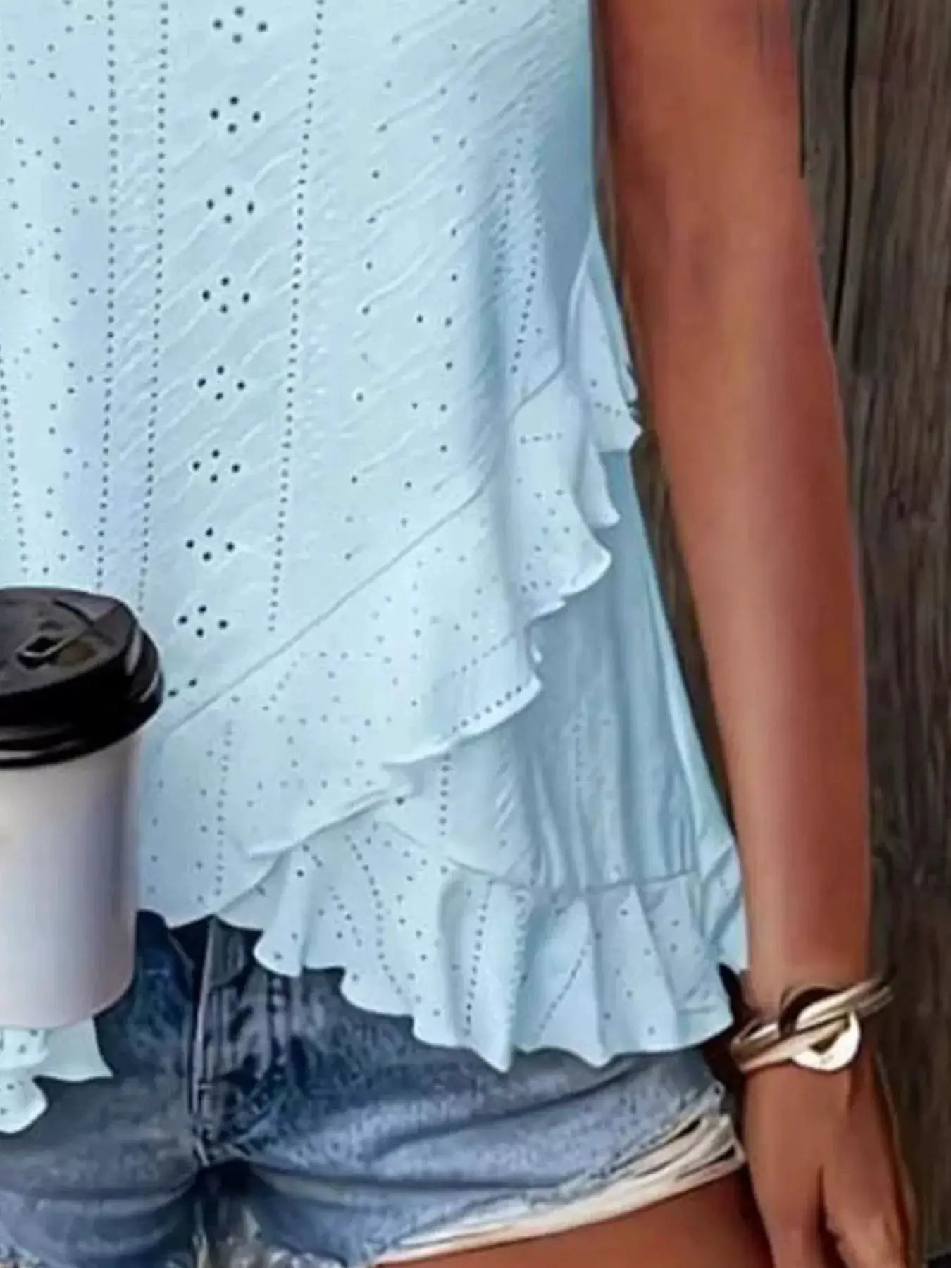 V-Neck Eyelet Ruffled Tank Top by Trendsi