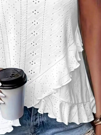 V-Neck Eyelet Ruffled Tank Top by Trendsi