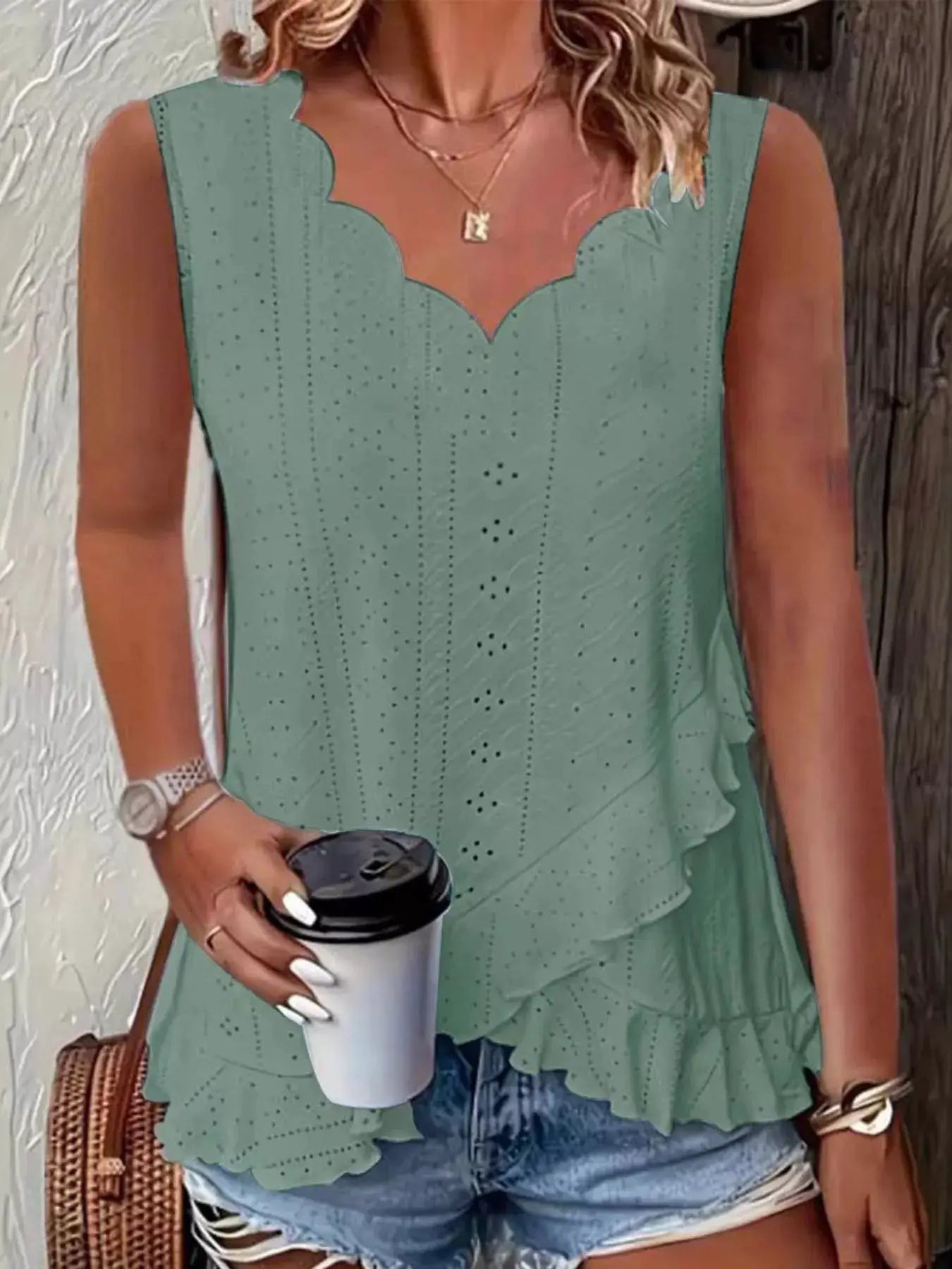 V-Neck Eyelet Ruffled Tank Top by Trendsi