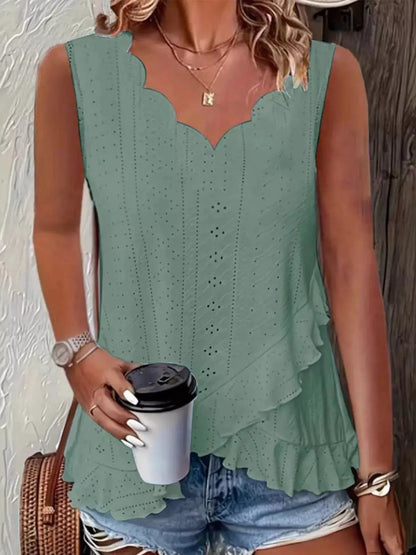V-Neck Eyelet Ruffled Tank Top by Trendsi
