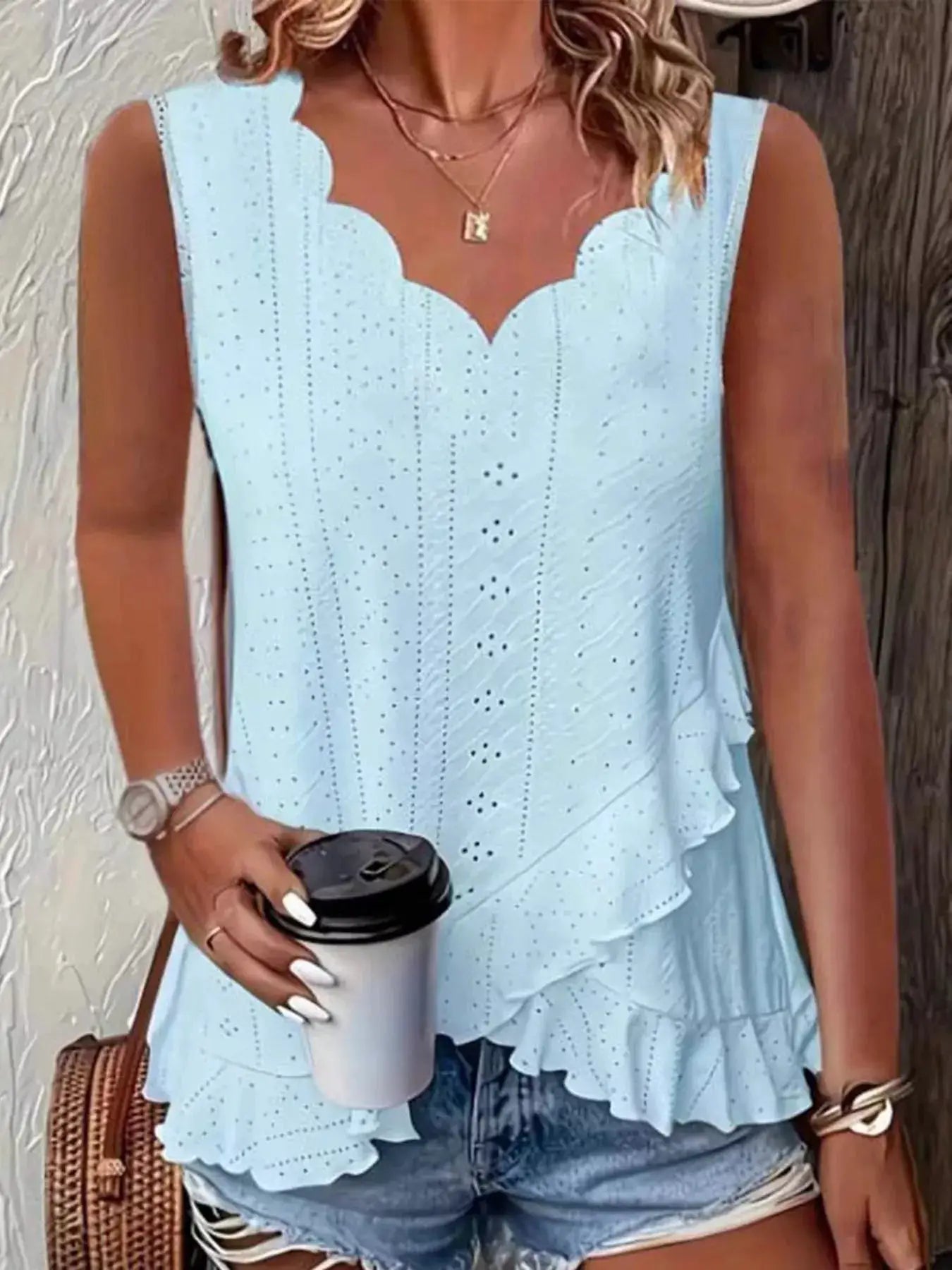 V-Neck Eyelet Ruffled Tank Top by Trendsi