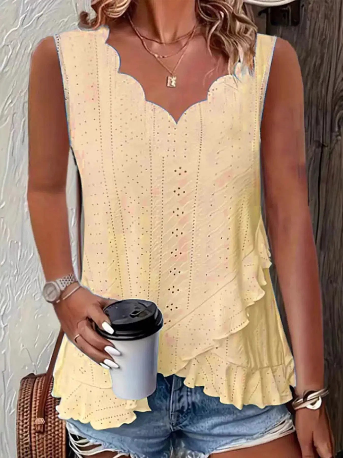 V-Neck Eyelet Ruffled Tank Top by Trendsi