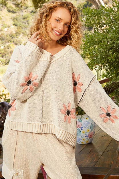V - Neck Floral Pattern Chenille Sweater - Bitsy Gypsy Boutique