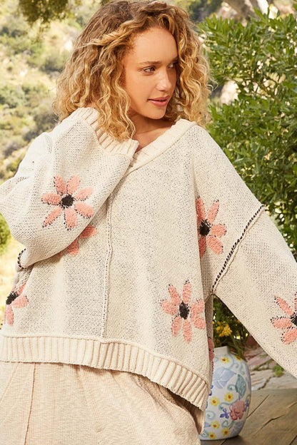 V - Neck Floral Pattern Chenille Sweater - Bitsy Gypsy Boutique