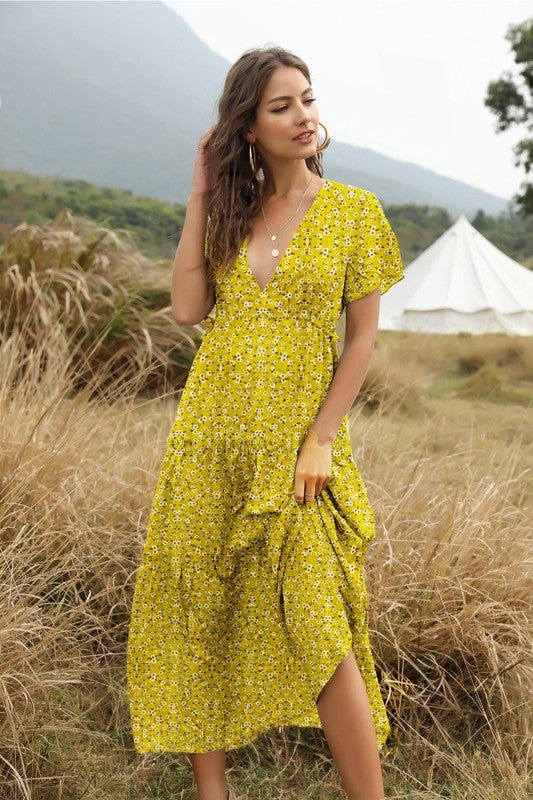 V neck floral tiered midi dress - Bitsy Gypsy Boutique