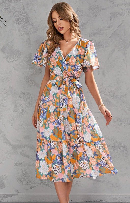 V - neck floral tiered midi dress - Bitsy Gypsy Boutique