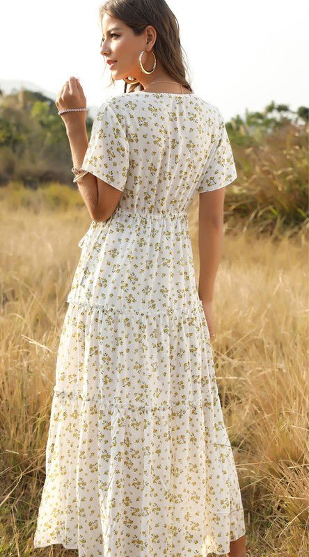 V neck floral tiered midi dress - Bitsy Gypsy Boutique
