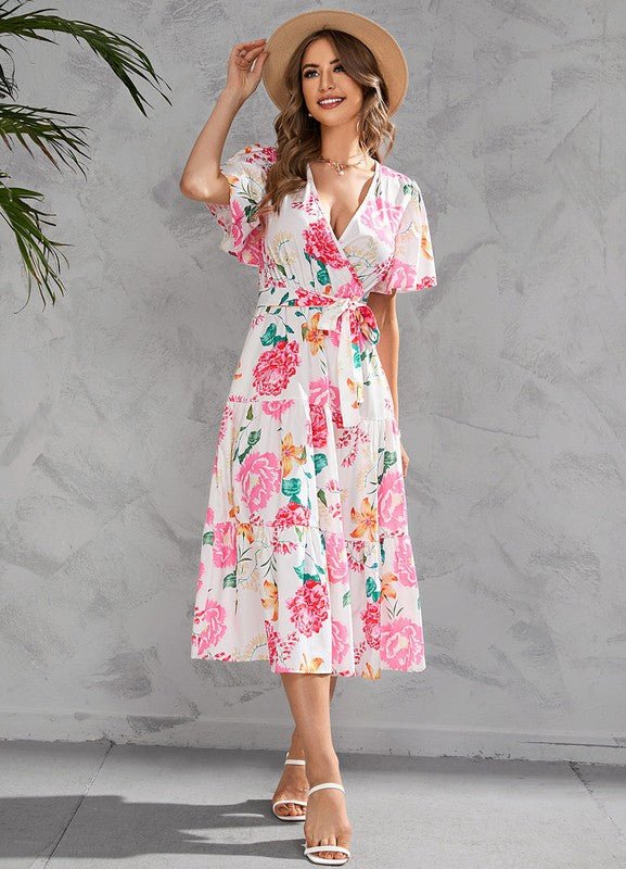 V - neck floral tiered midi dress - Bitsy Gypsy Boutique