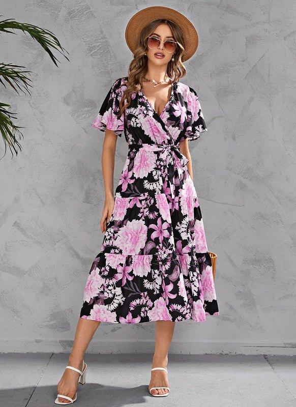 V - neck floral tiered midi dress - Bitsy Gypsy Boutique