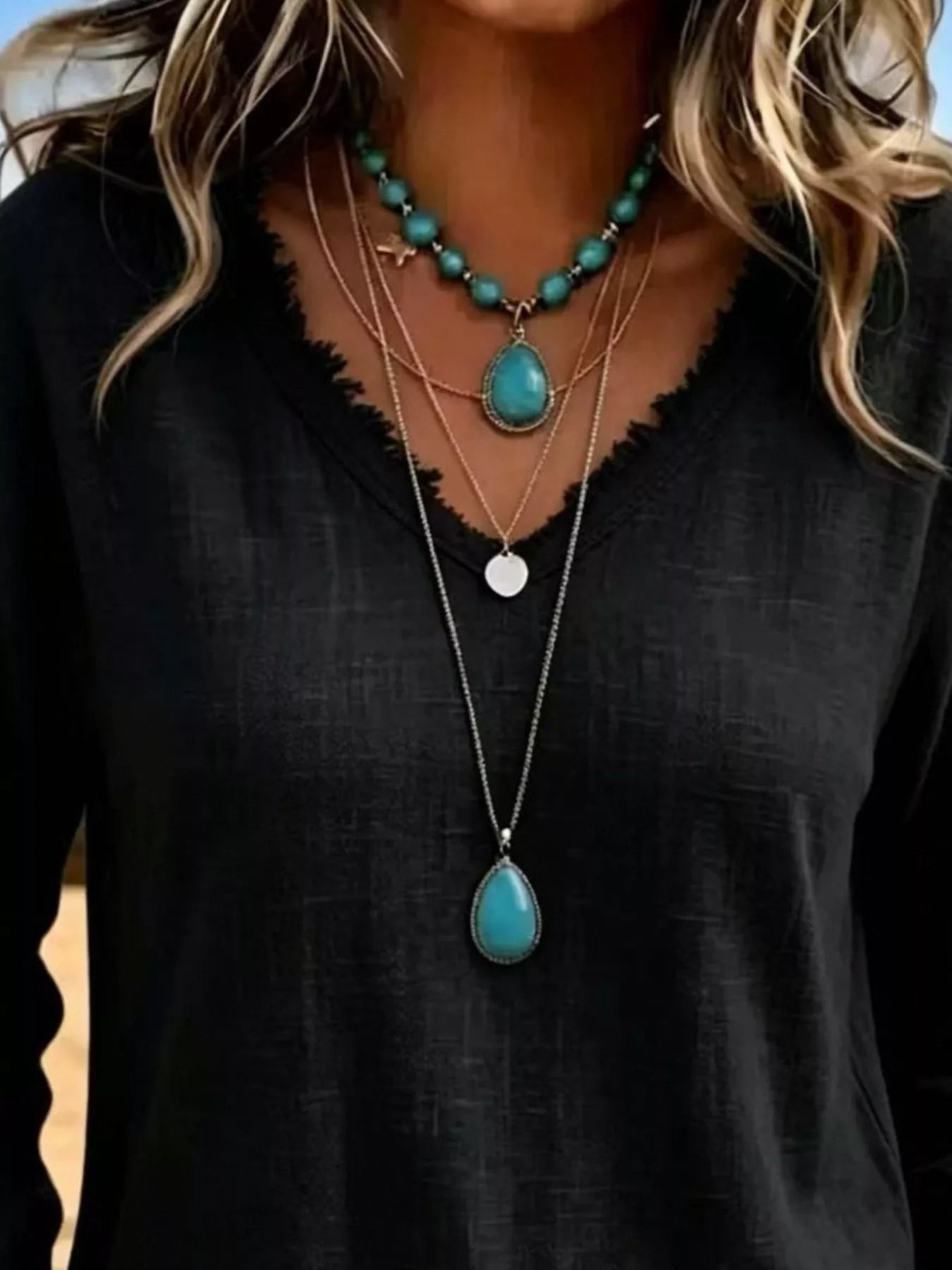 V-Neck Frayed Hem Long Sleeve T-Shirt - Bitsy Gypsy Boutique