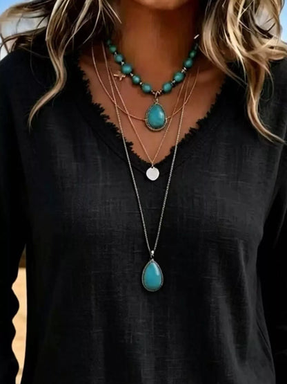 V-Neck Frayed Hem Long Sleeve T-Shirt - Bitsy Gypsy Boutique