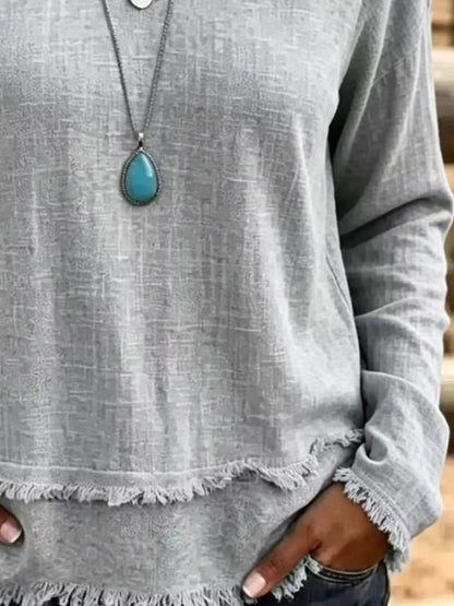 V-Neck Frayed Hem Long Sleeve T-Shirt - Bitsy Gypsy Boutique
