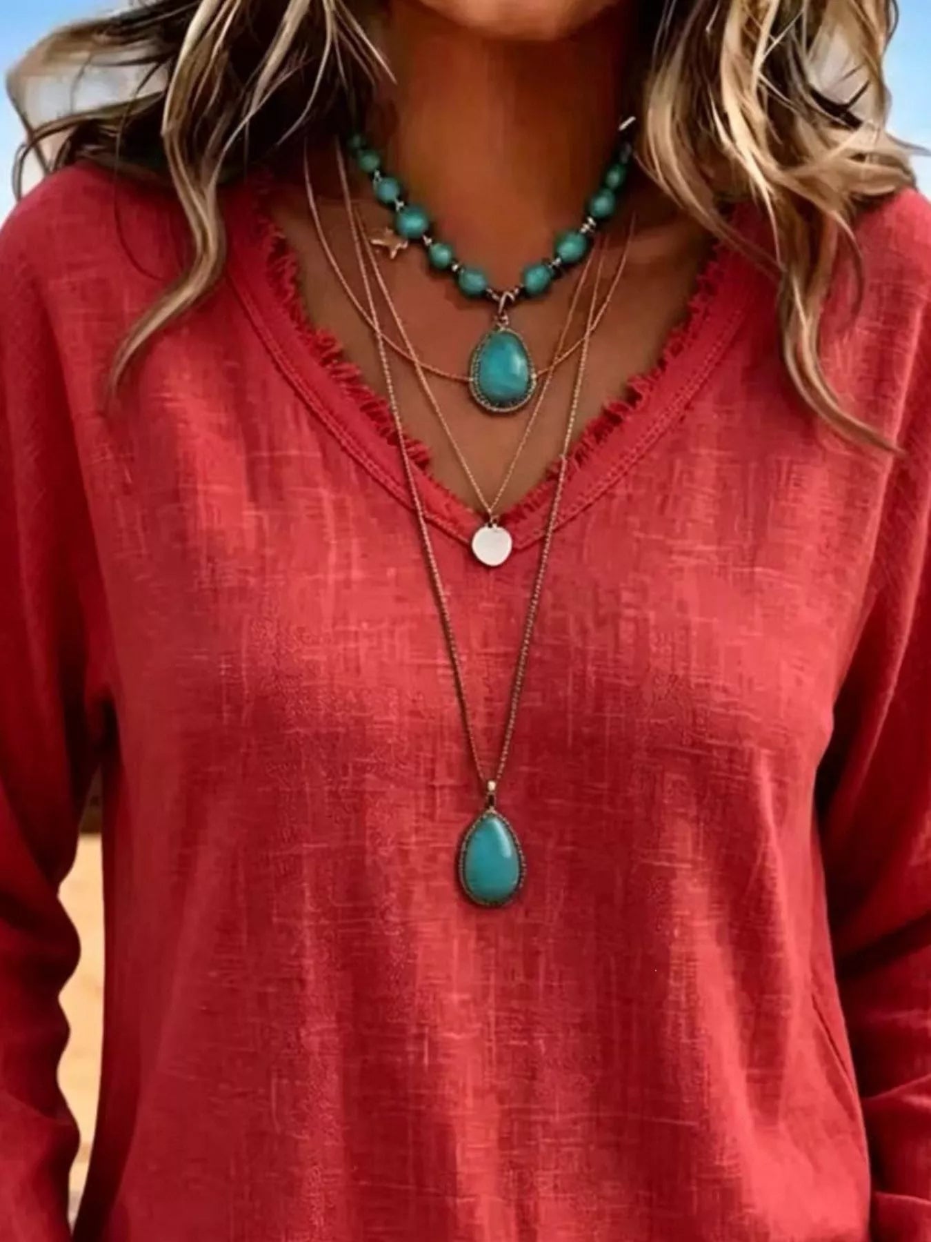 V-Neck Frayed Hem Long Sleeve T-Shirt - Bitsy Gypsy Boutique