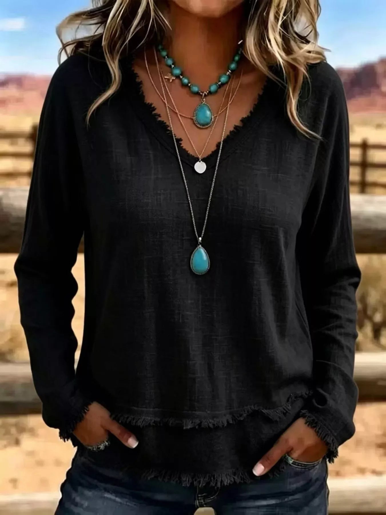 V-Neck Frayed Hem Long Sleeve T-Shirt - Bitsy Gypsy Boutique