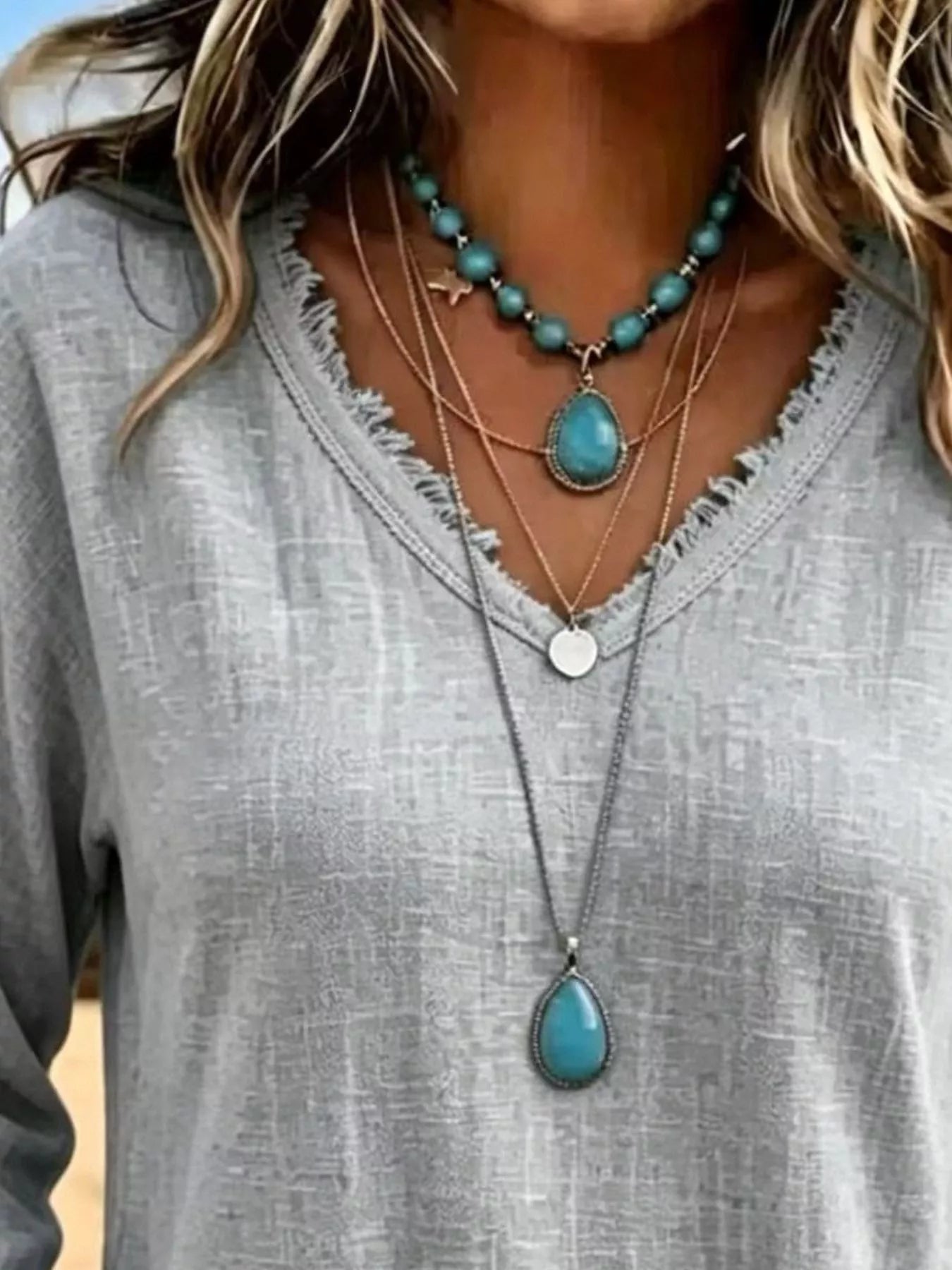 V-Neck Frayed Hem Long Sleeve T-Shirt - Bitsy Gypsy Boutique