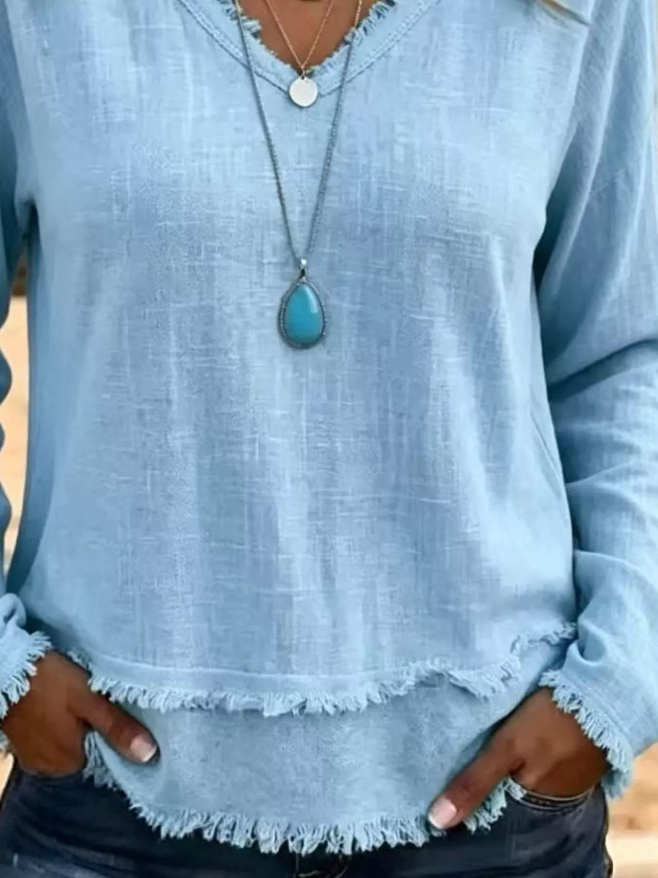 V-Neck Frayed Hem Long Sleeve T-Shirt - Bitsy Gypsy Boutique