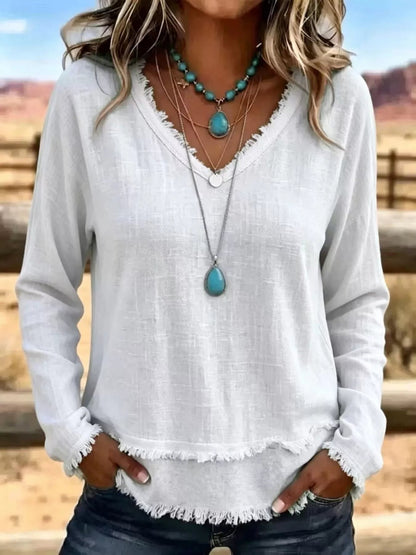 V-Neck Frayed Hem Long Sleeve T-Shirt - Bitsy Gypsy Boutique