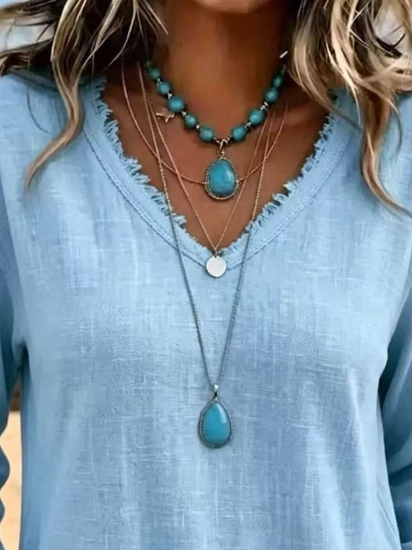 V-Neck Frayed Hem Long Sleeve T-Shirt - Bitsy Gypsy Boutique