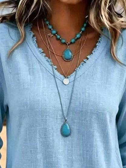 V-Neck Frayed Hem Long Sleeve T-Shirt - Bitsy Gypsy Boutique