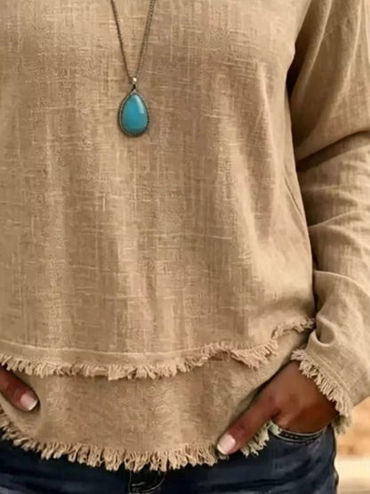 V-Neck Frayed Hem Long Sleeve T-Shirt - Bitsy Gypsy Boutique