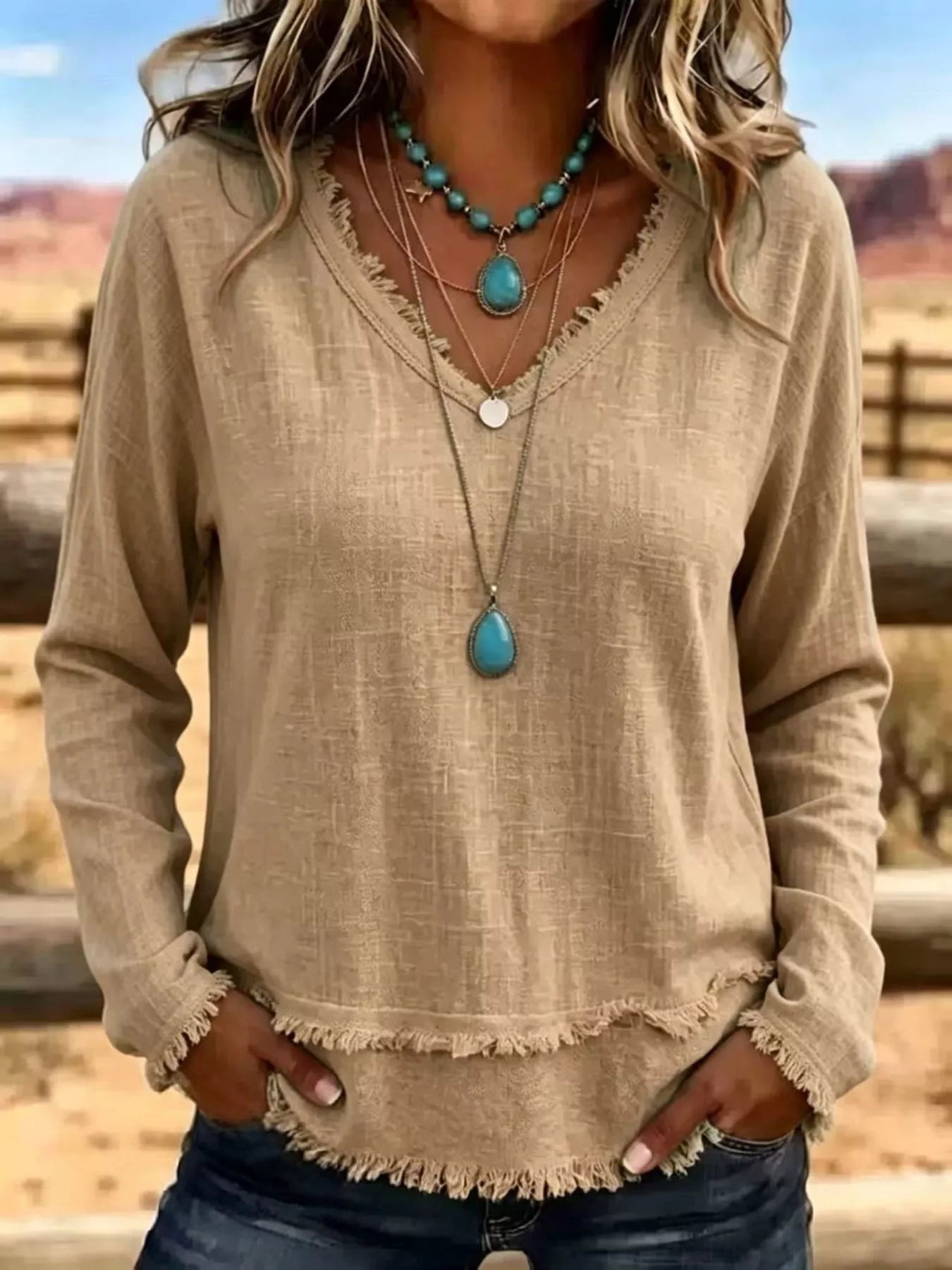 V-Neck Frayed Hem Long Sleeve T-Shirt - Bitsy Gypsy Boutique