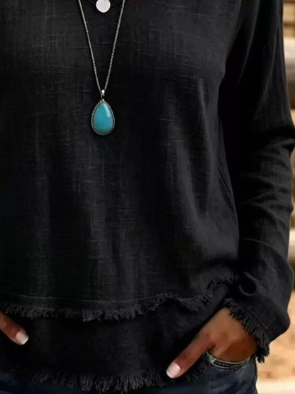V-Neck Frayed Hem Long Sleeve T-Shirt - Bitsy Gypsy Boutique