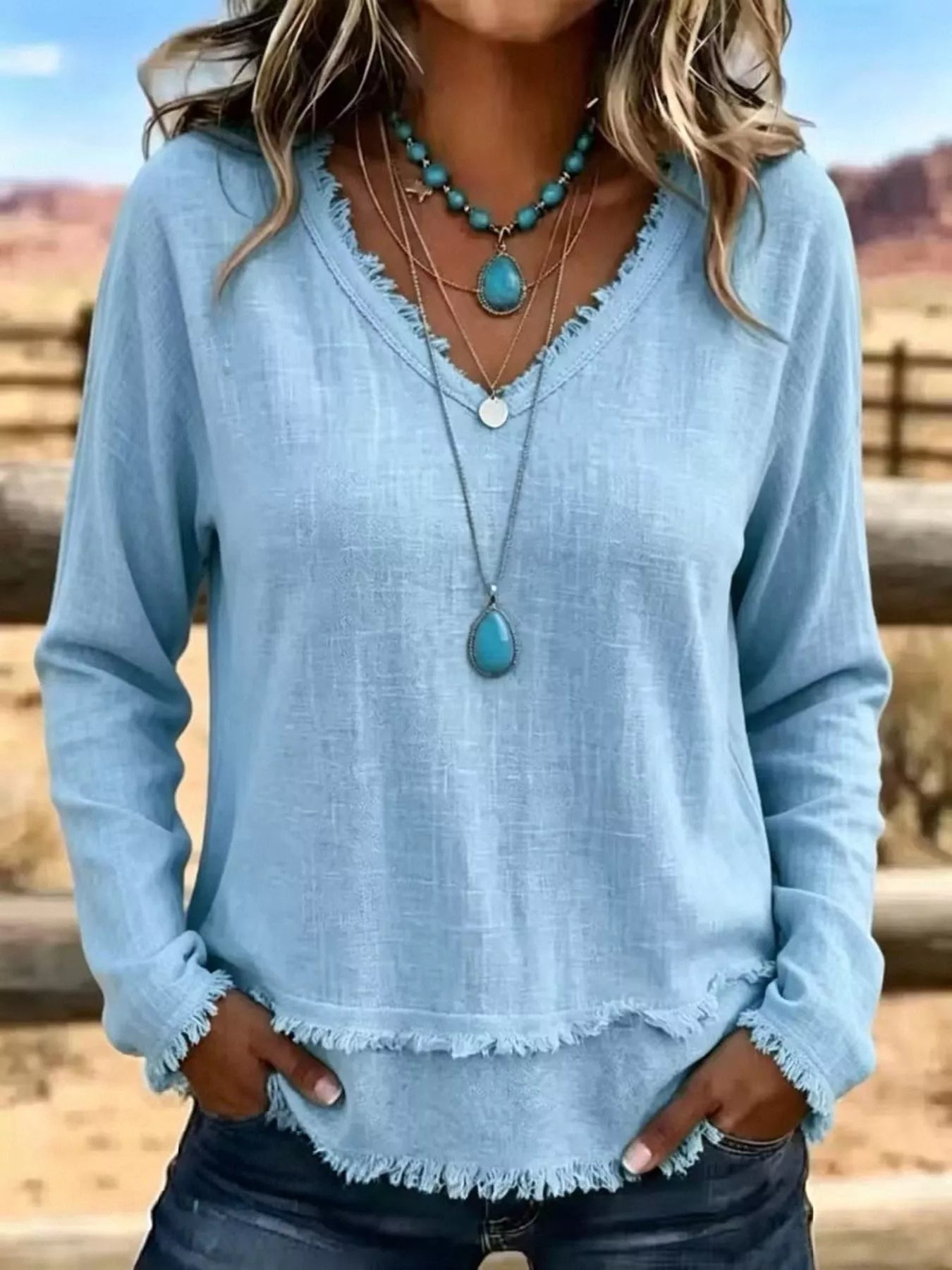 V-Neck Frayed Hem Long Sleeve T-Shirt - Bitsy Gypsy Boutique