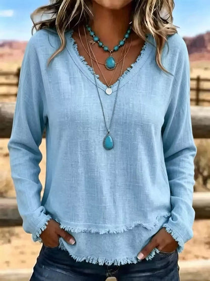 V-Neck Frayed Hem Long Sleeve T-Shirt - Bitsy Gypsy Boutique