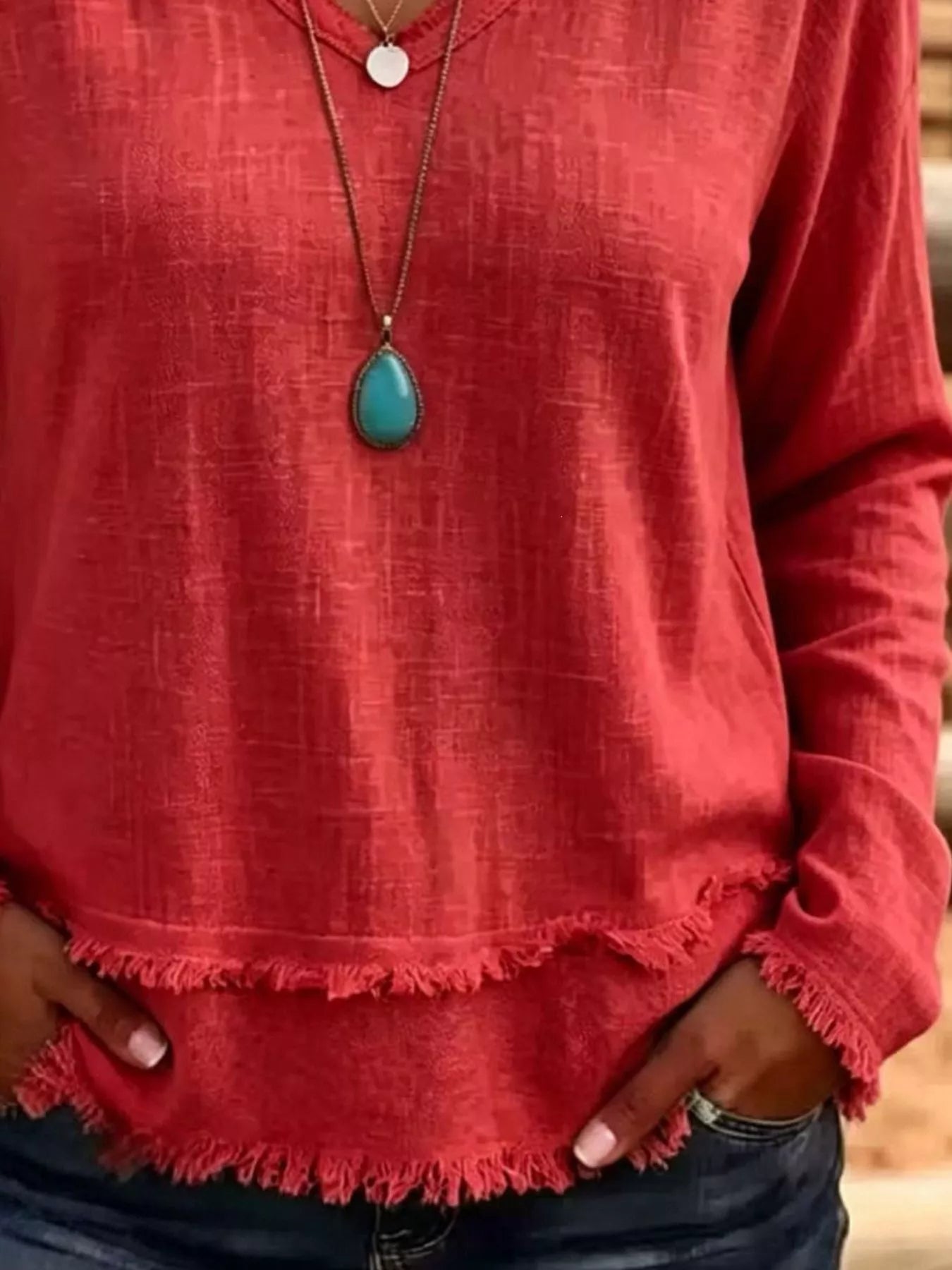 V-Neck Frayed Hem Long Sleeve T-Shirt - Bitsy Gypsy Boutique