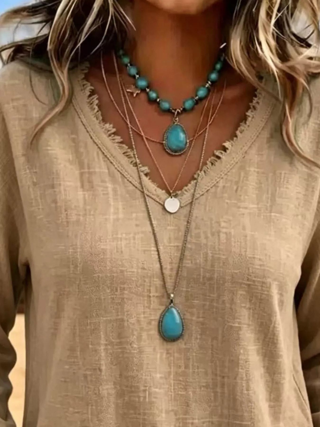 V-Neck Frayed Hem Long Sleeve T-Shirt - Bitsy Gypsy Boutique