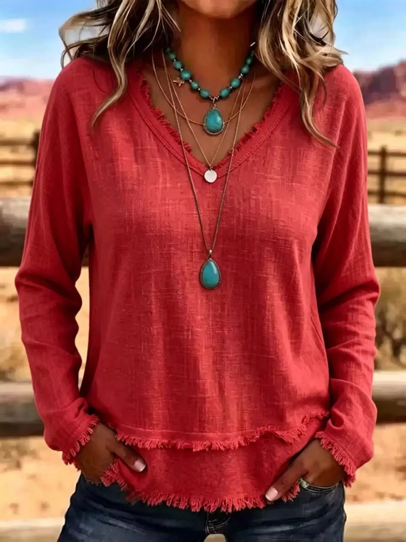 V-Neck Frayed Hem Long Sleeve T-Shirt - Bitsy Gypsy Boutique