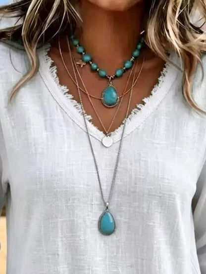 V-Neck Frayed Hem Long Sleeve T-Shirt - Bitsy Gypsy Boutique