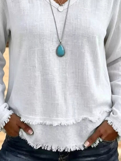 V-Neck Frayed Hem Long Sleeve T-Shirt - Bitsy Gypsy Boutique
