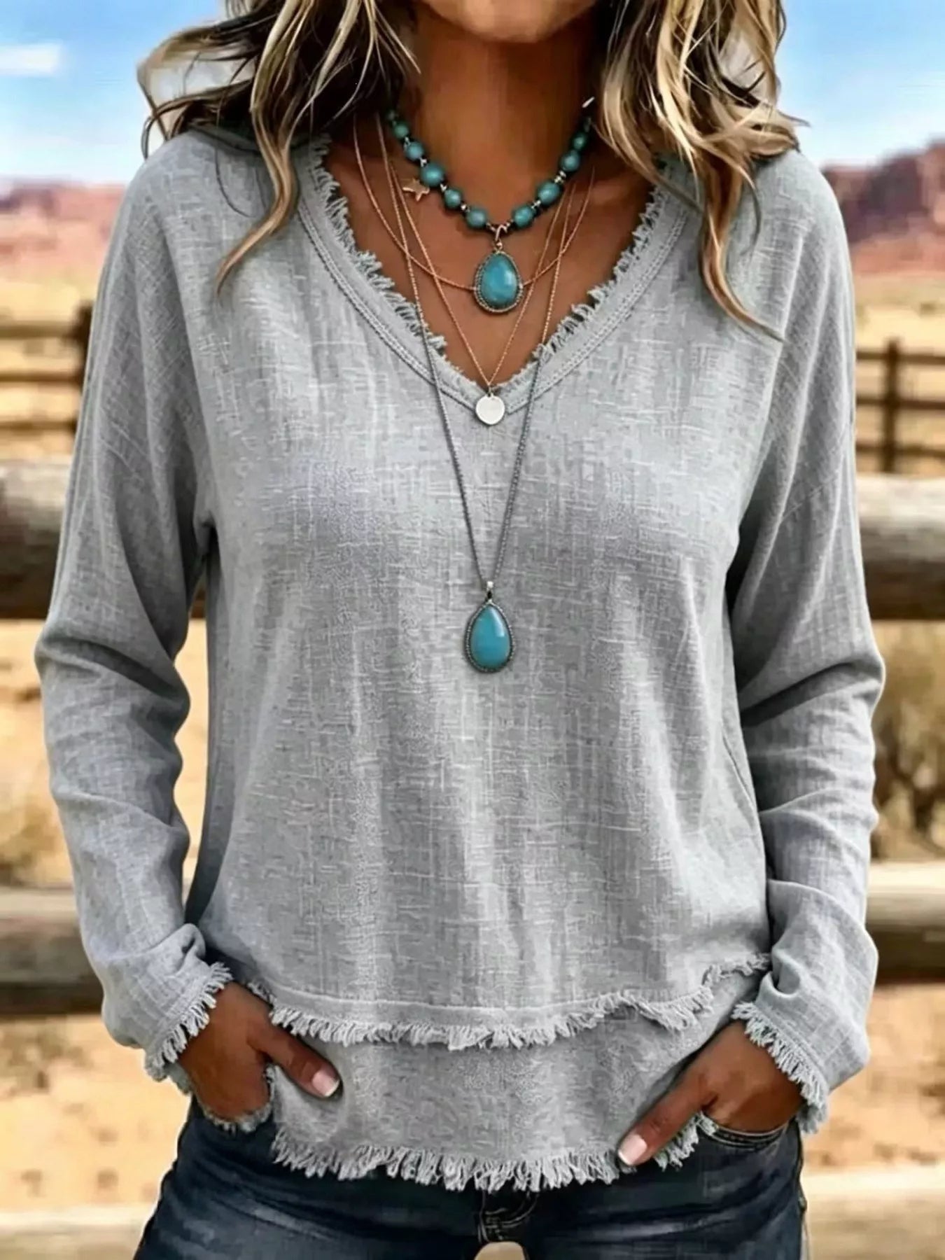 V-Neck Frayed Hem Long Sleeve T-Shirt - Bitsy Gypsy Boutique