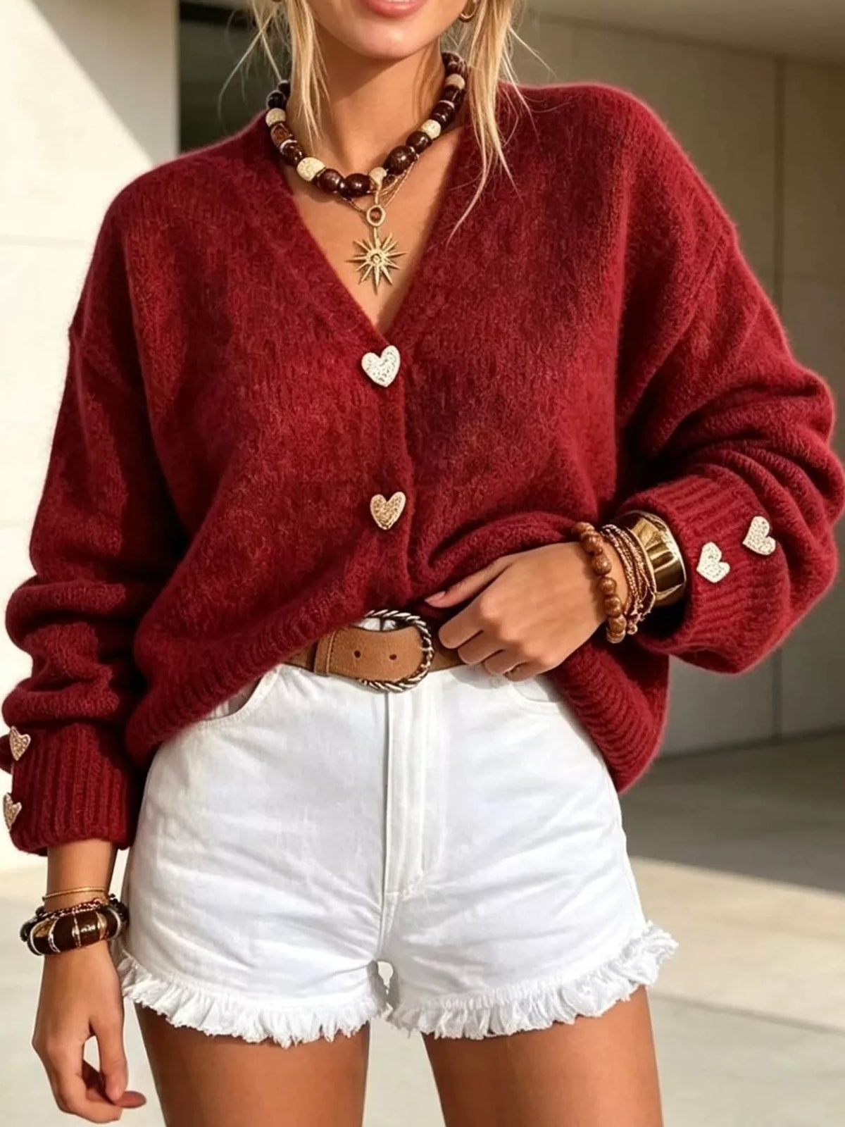 V-Neck Heart-Shaped Buttons Cardigan - Bitsy Gypsy Boutique