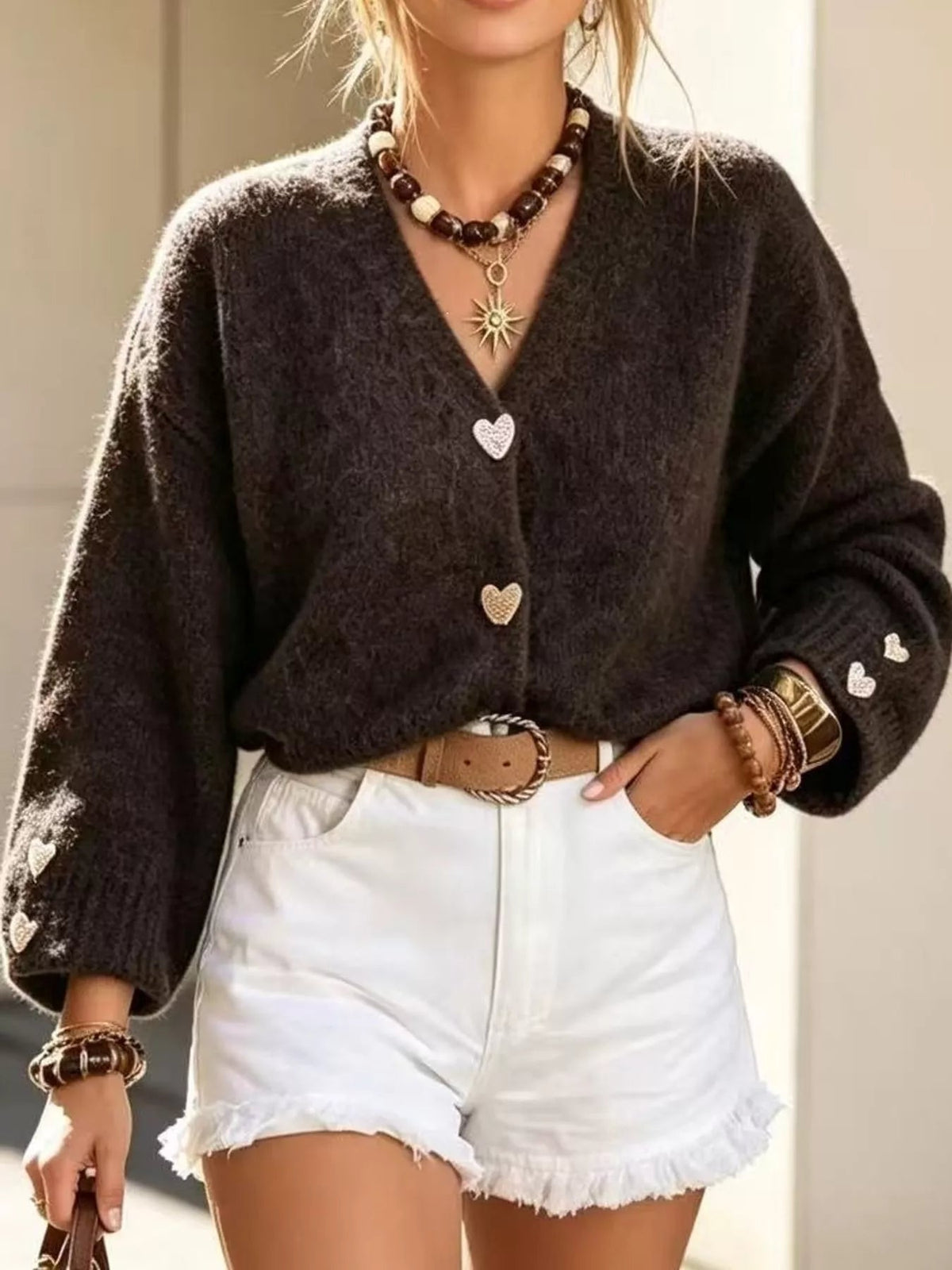 V-Neck Heart-Shaped Buttons Cardigan - Bitsy Gypsy Boutique