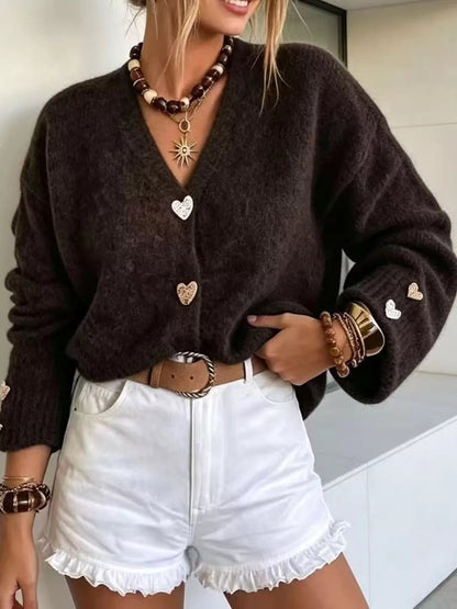 V-Neck Heart-Shaped Buttons Cardigan - Bitsy Gypsy Boutique