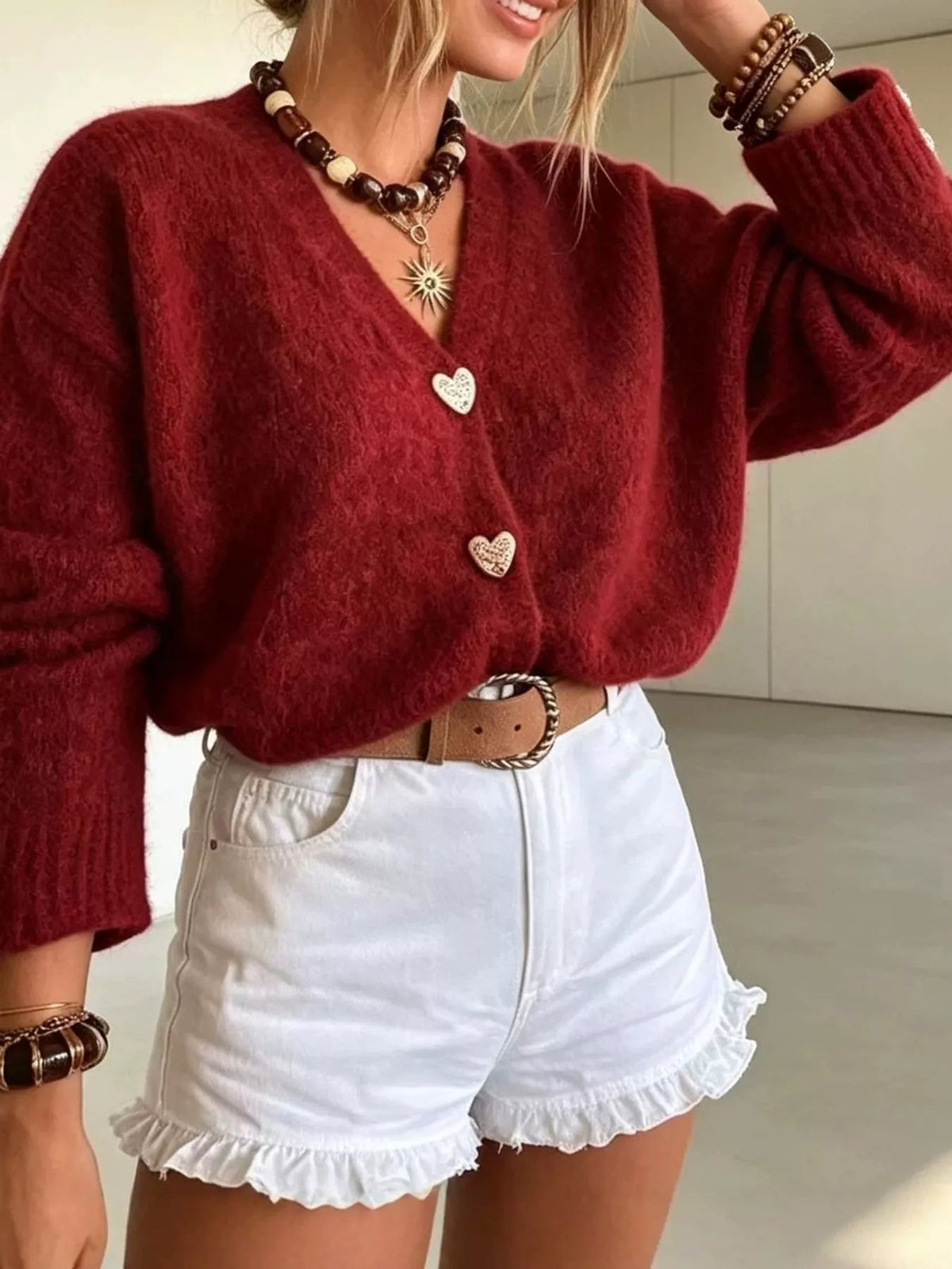 V-Neck Heart-Shaped Buttons Cardigan - Bitsy Gypsy Boutique